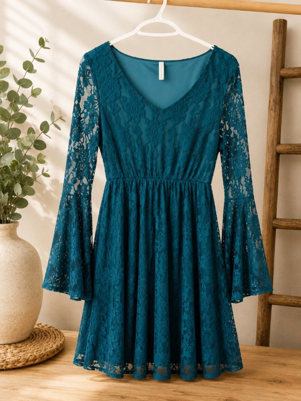 PinkBlush Teal Lace Bell Sleeve Dress | Romantic Boho Dress | Small